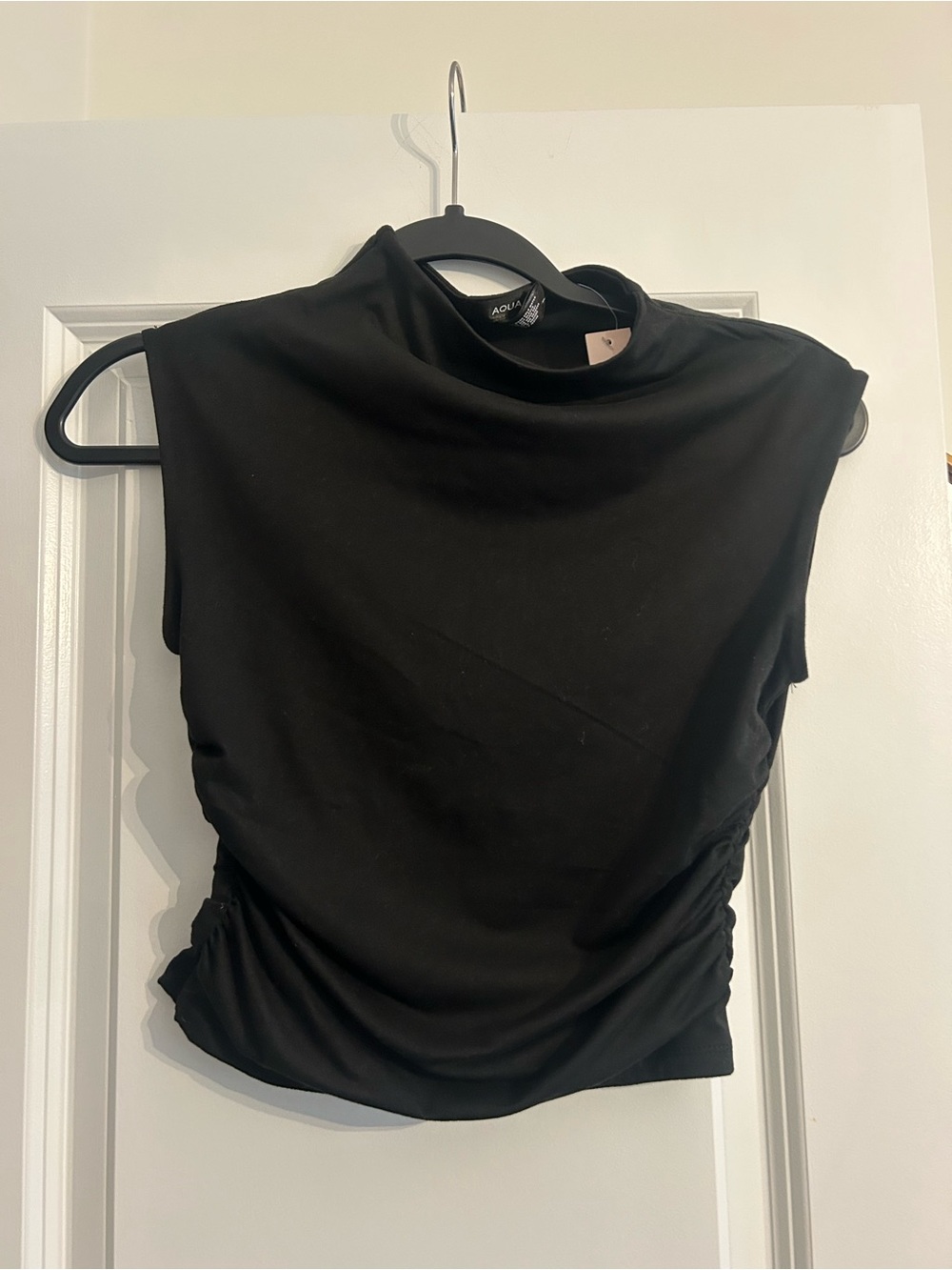 Aqua Black Sleeveless Mock Neck Tank with Side Ruching